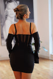 Black Detachable Satin Bridal Sleeves paired with black body con mini dress. These satin sleeves are a perfect accessory for a black tie event or to pair with black wedding dress.