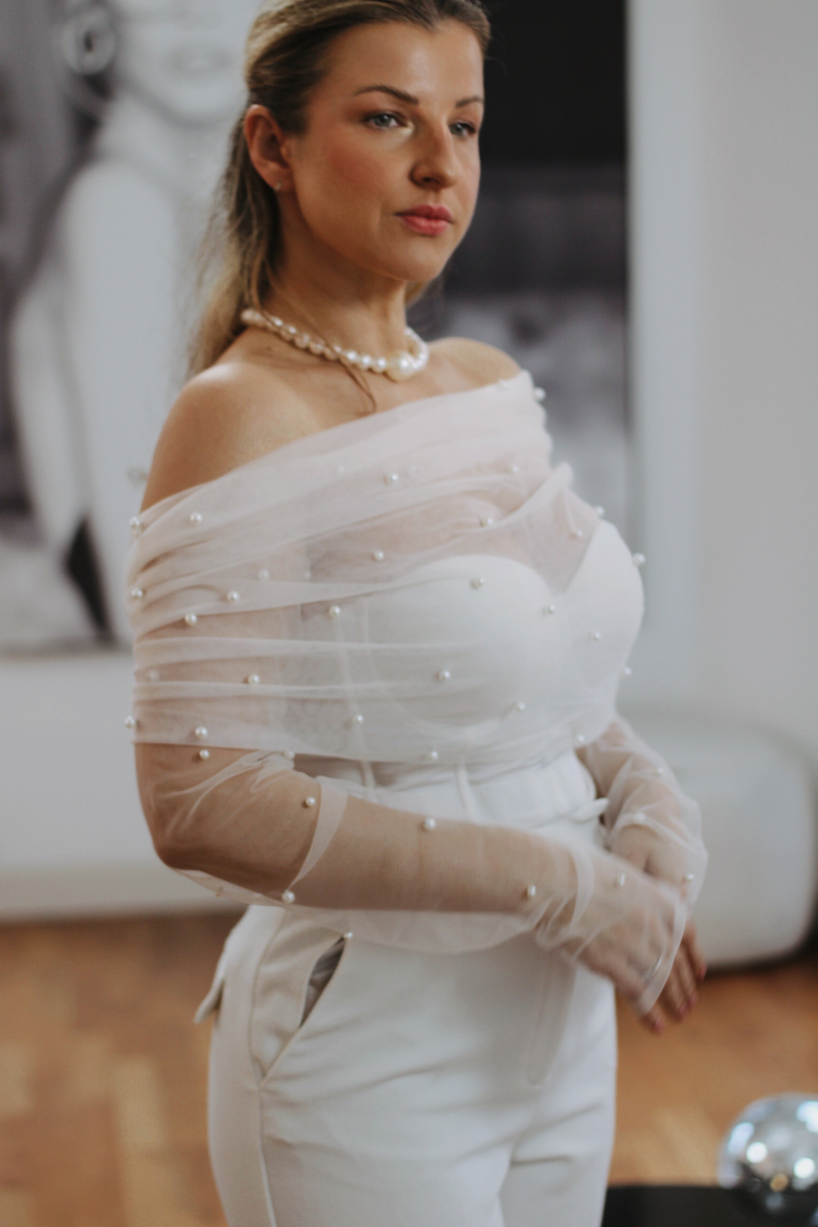 pearl wedding wrap & fingerless gloves set