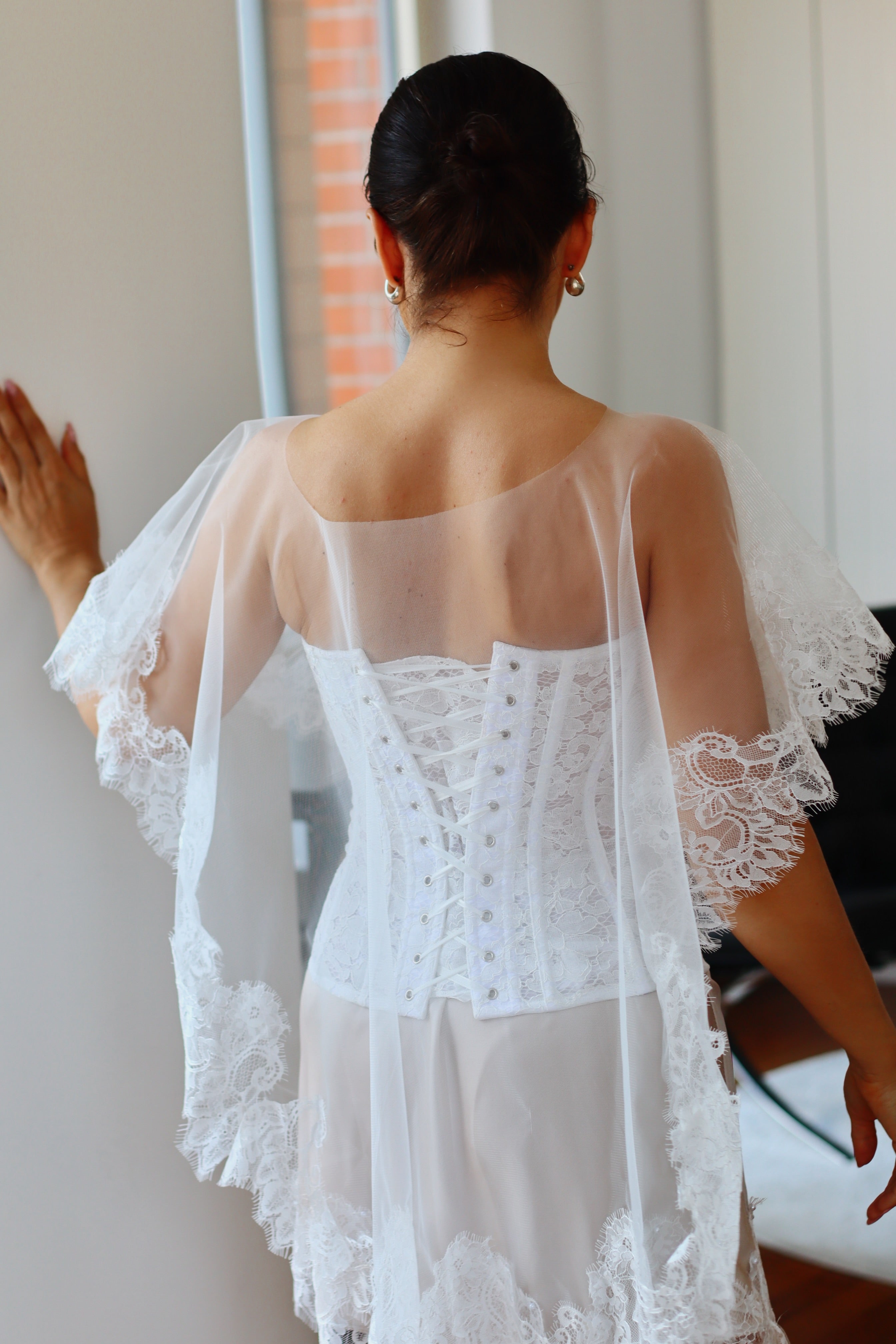 Sheer Tulle Wedding Cape with Lace Embroidery & Beading