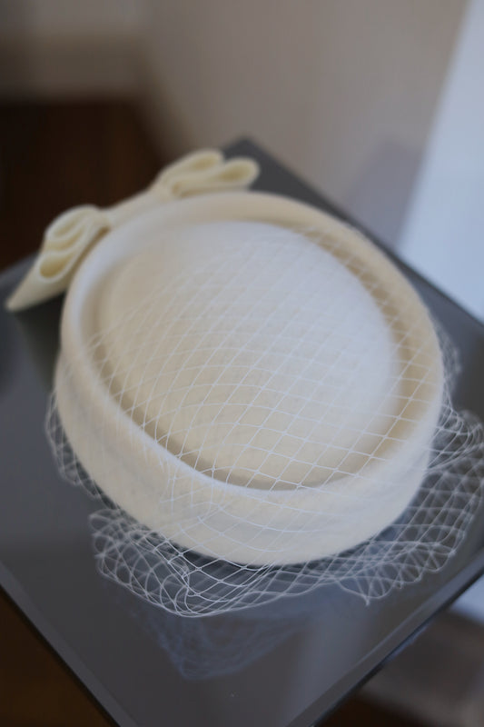 Bow Bridal Pillbox Hat with Birdcage Veil