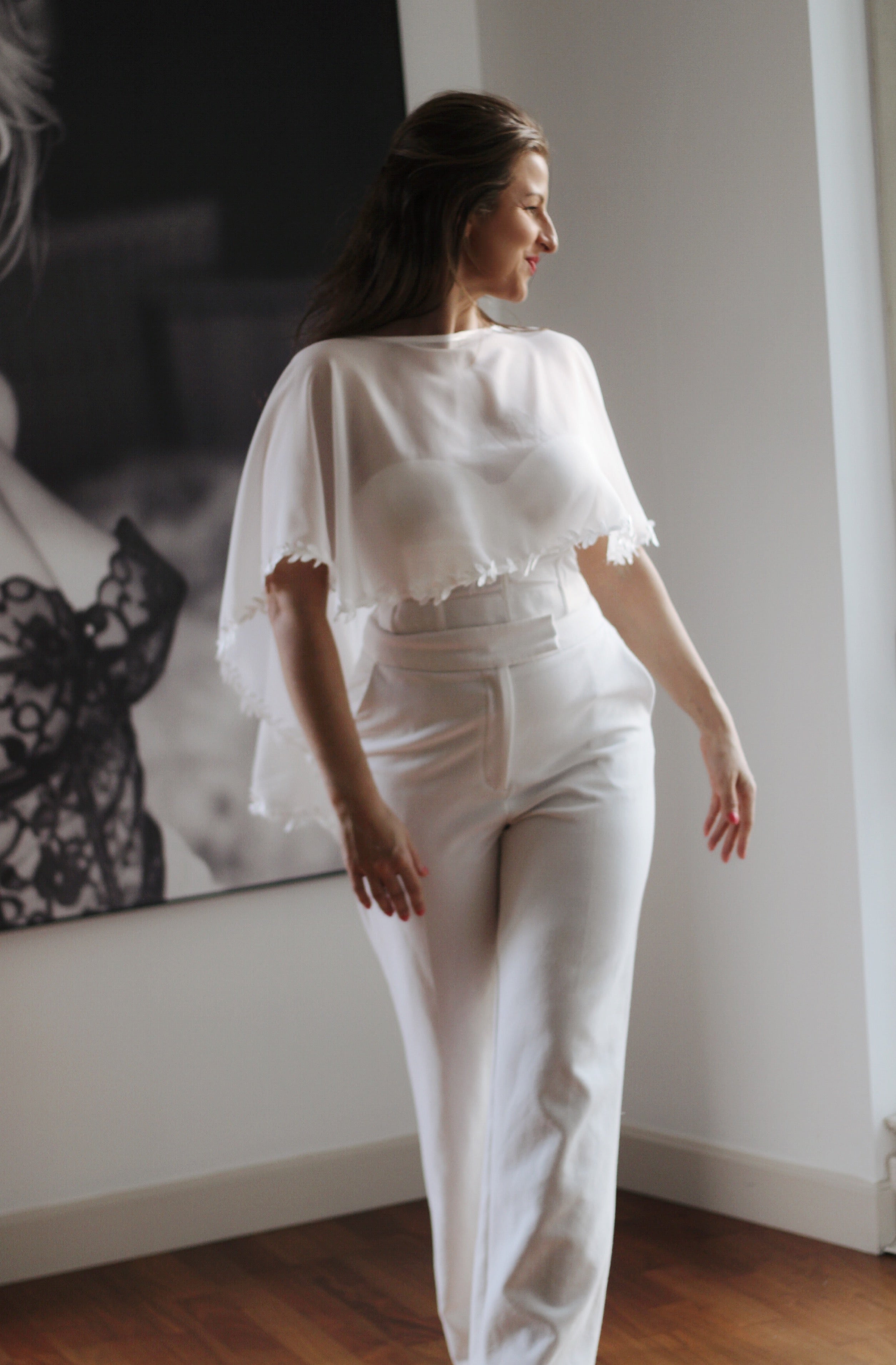 Floral Chiffon Wedding Cape - Velo Bianco