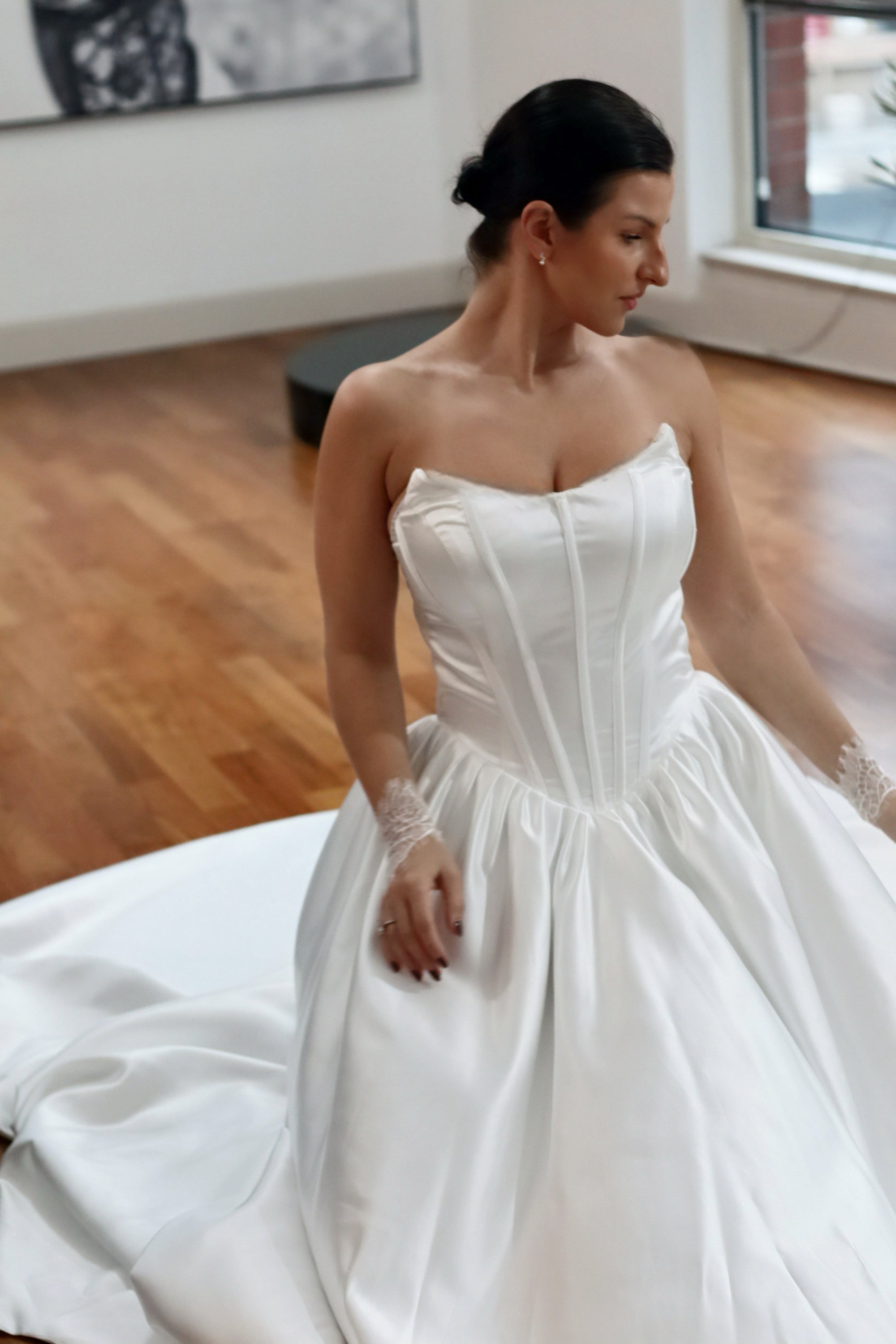 Basque waist satin wedding dress with pockets and train. Beautiful elegant satin bridal dress for the elegant and modern bride. Basque waist is the trendiest wedding dress style in the upcoming season.