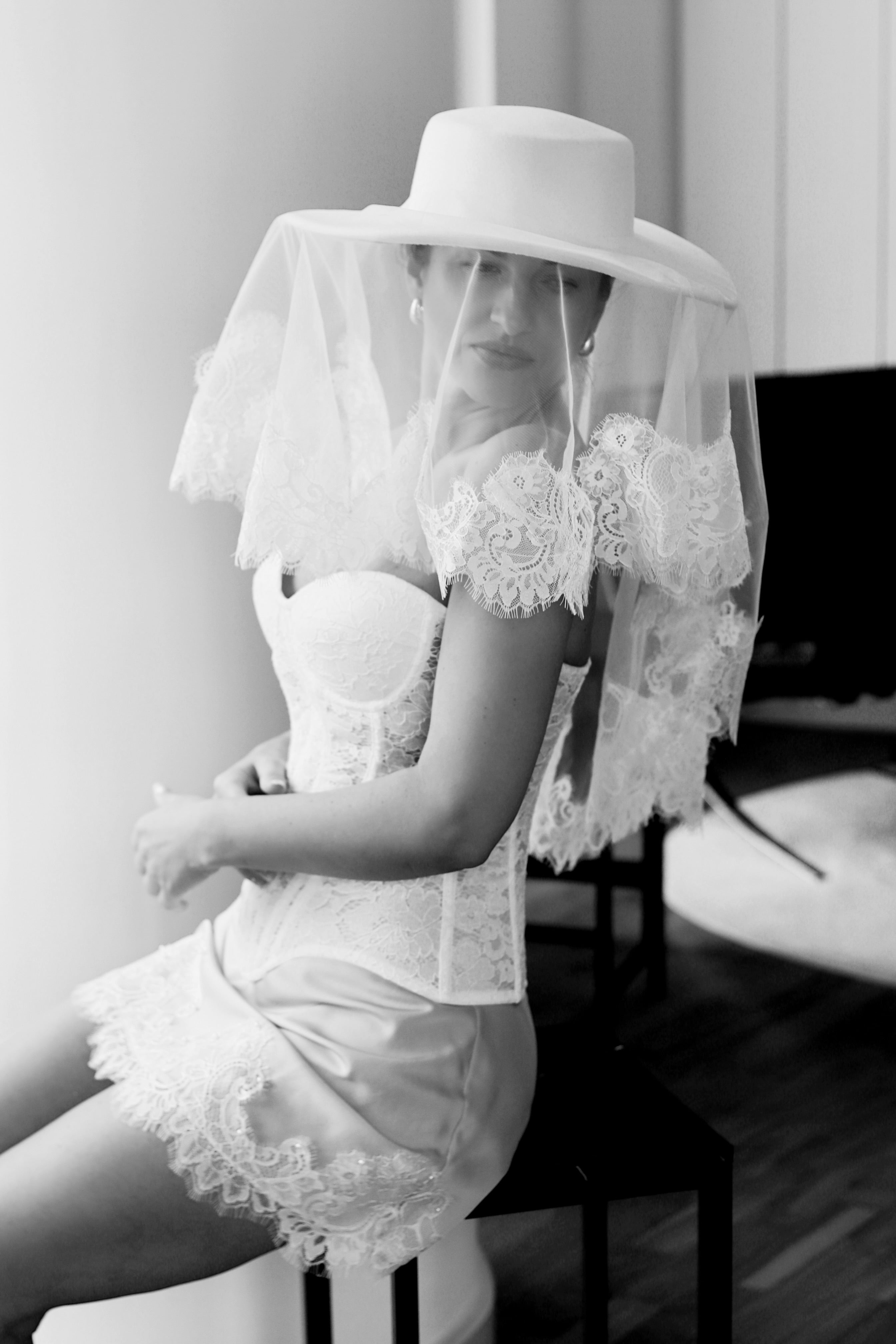 White Bridal Hat with Lace Veil