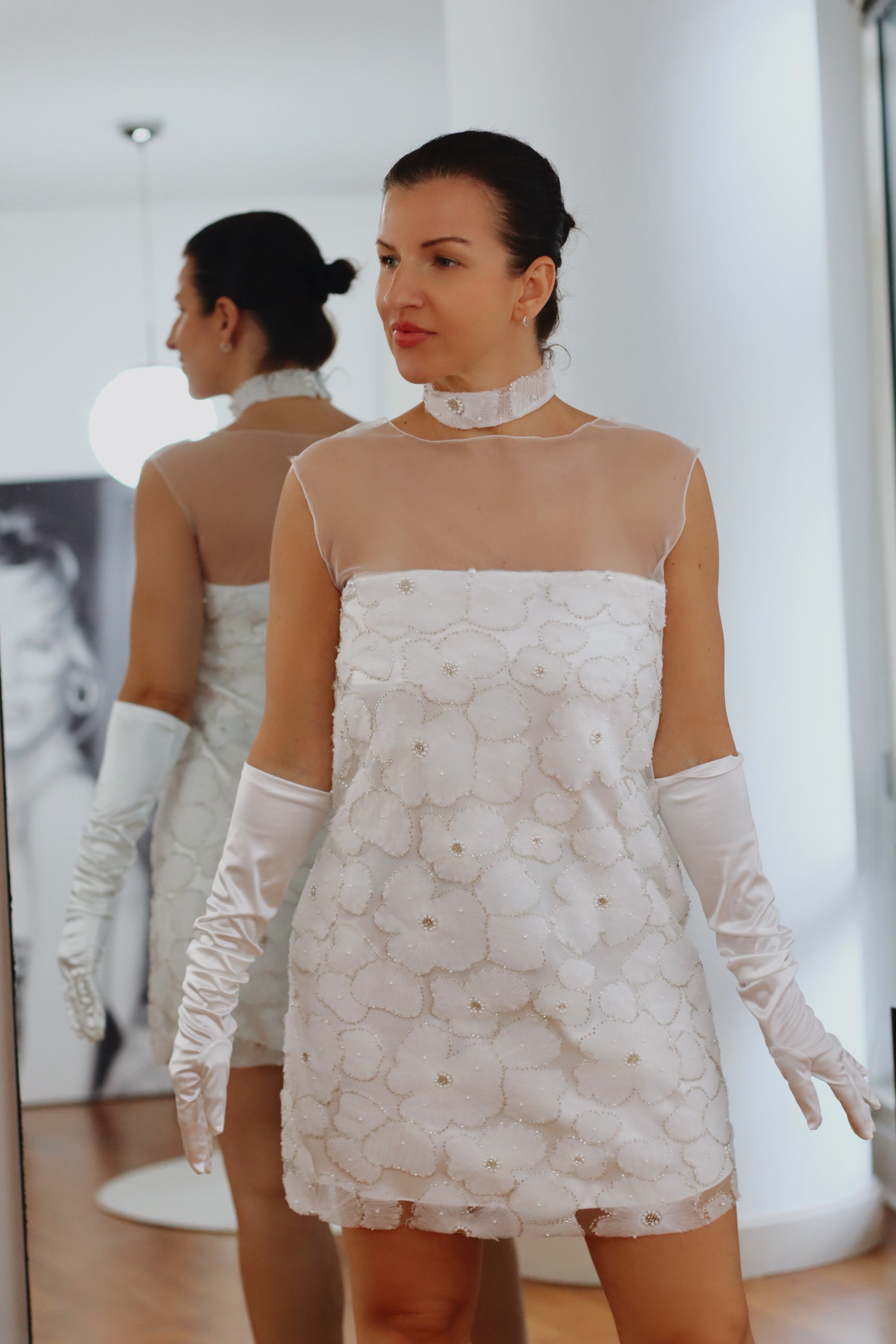 Audrey ~ Vintage-Inspired White Beaded Mini Dress with Sheer Neckline