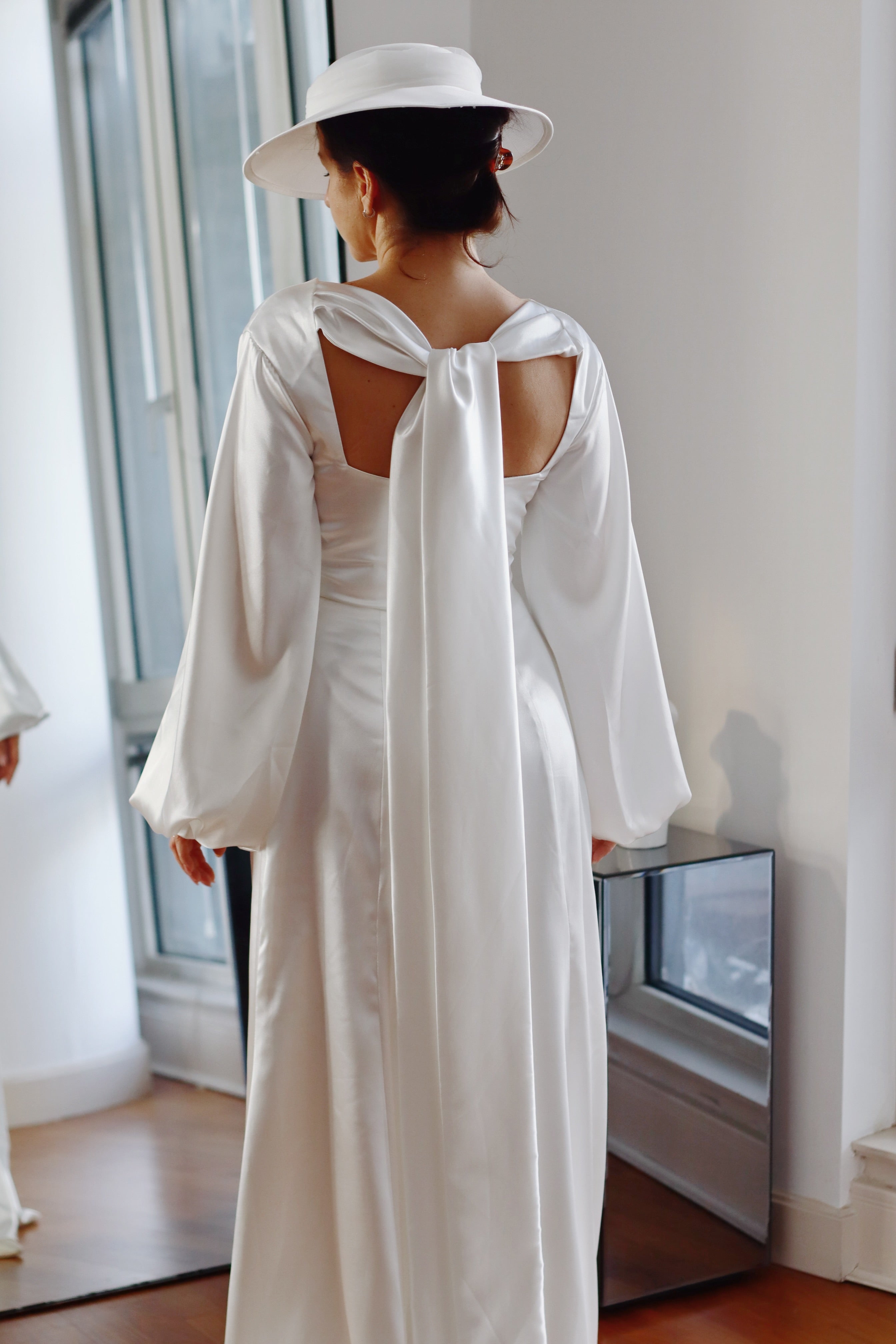 Daphne Long Sleeve & Necktie Satin Wedding Dress