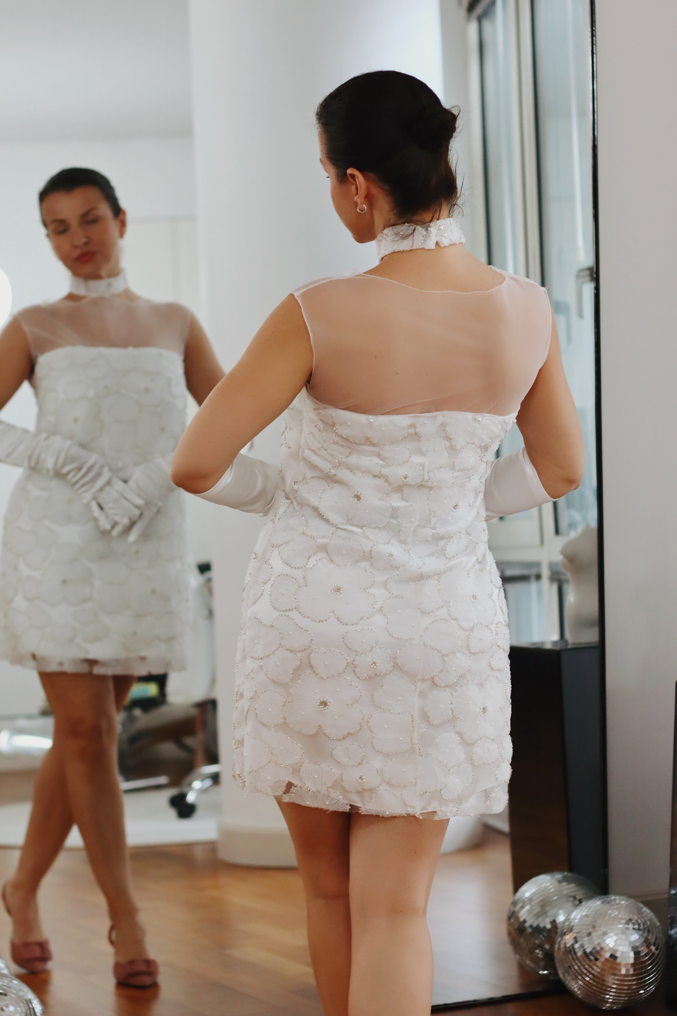 Audrey ~ Vintage-Inspired White Beaded Mini Dress with Sheer Neckline
