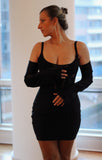 Black Detachable Satin Bridal Sleeves paired with black body con mini dress. These satin sleeves are a perfect accessory for a black tie event or to pair with black wedding dress.