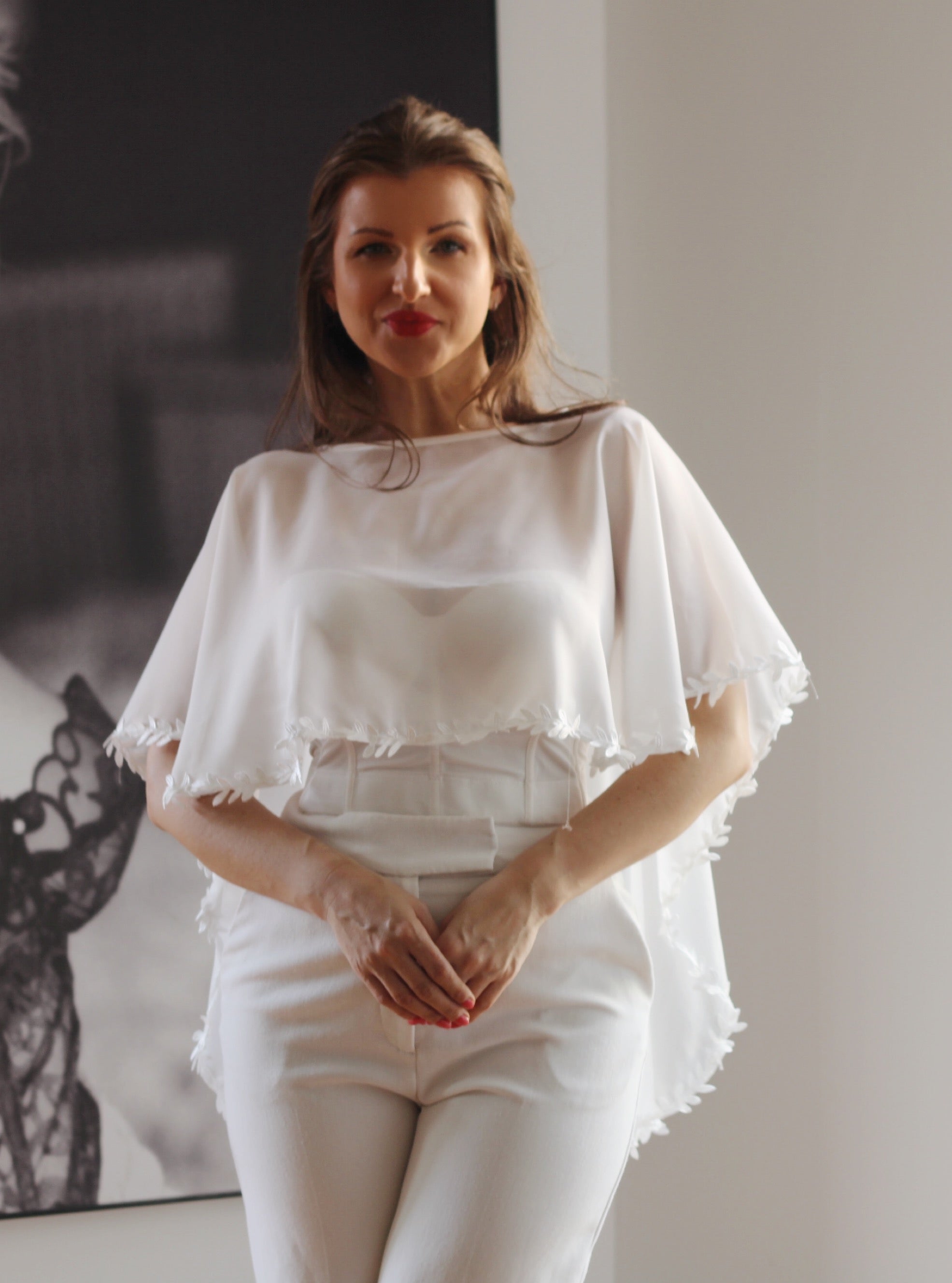 Floral Chiffon Wedding Cape - Velo Bianco