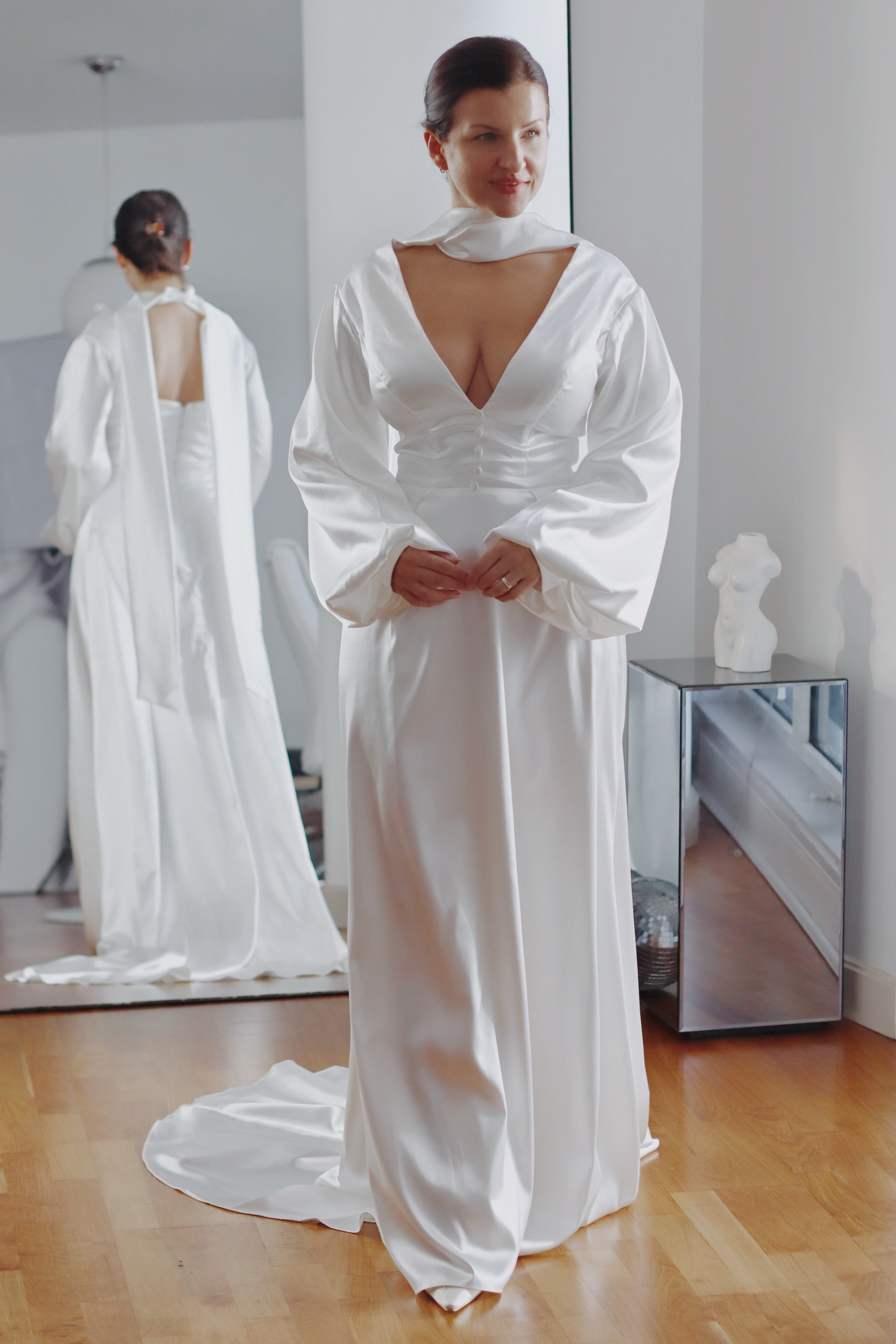 Daphne Long Sleeve & Necktie Satin Wedding Dress