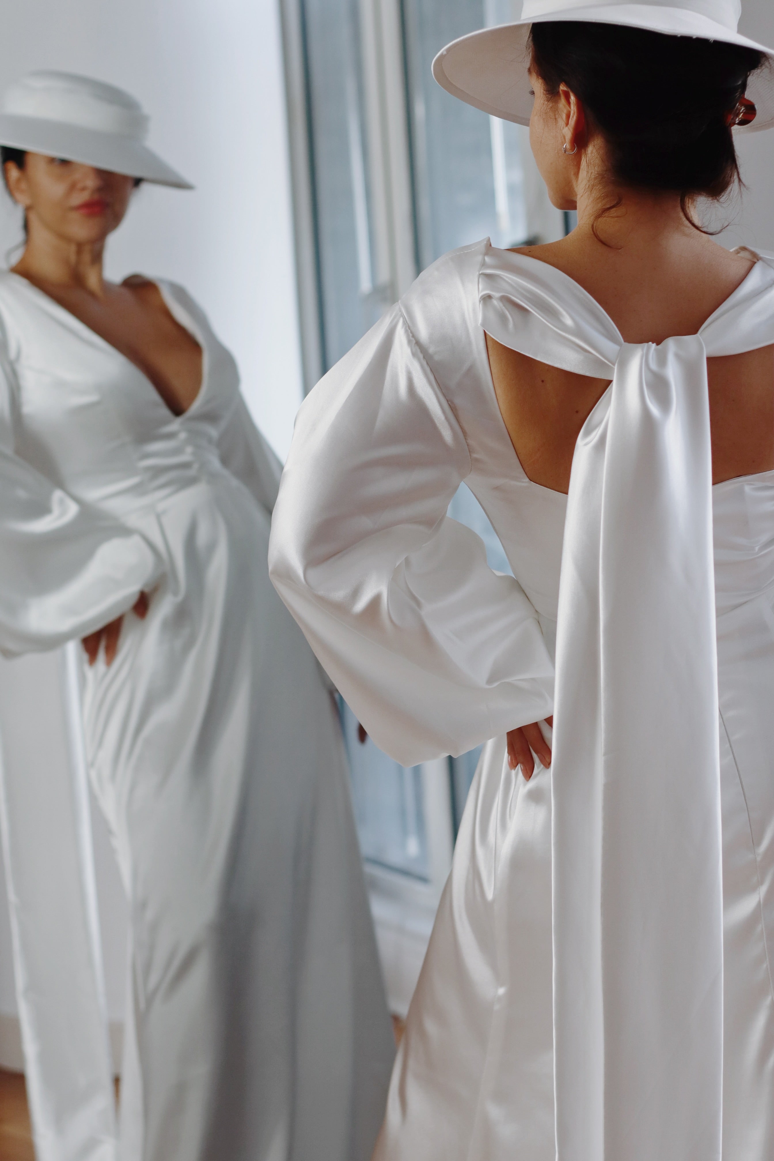 Daphne Long Sleeve & Necktie Satin Wedding Dress