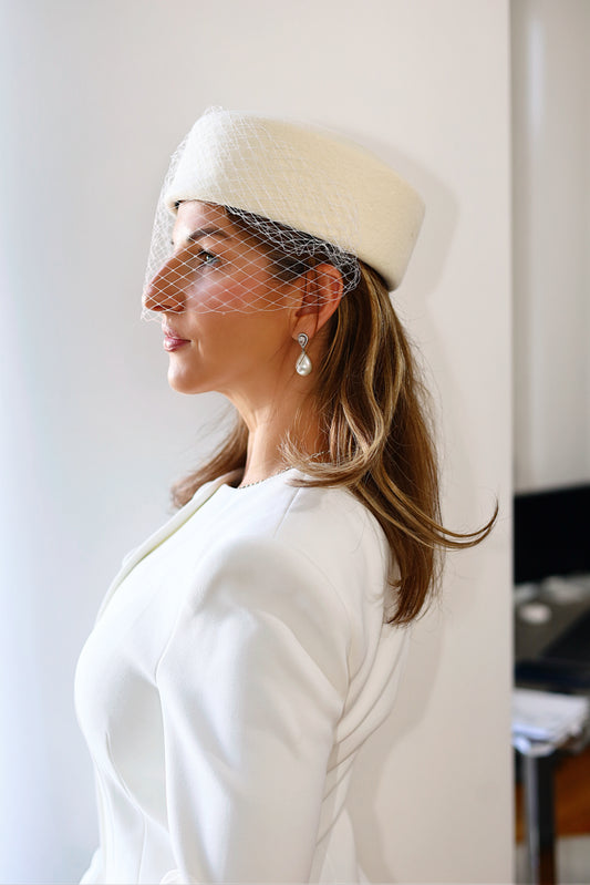 Bridal Pillbox Hat with Birdcage Veil
