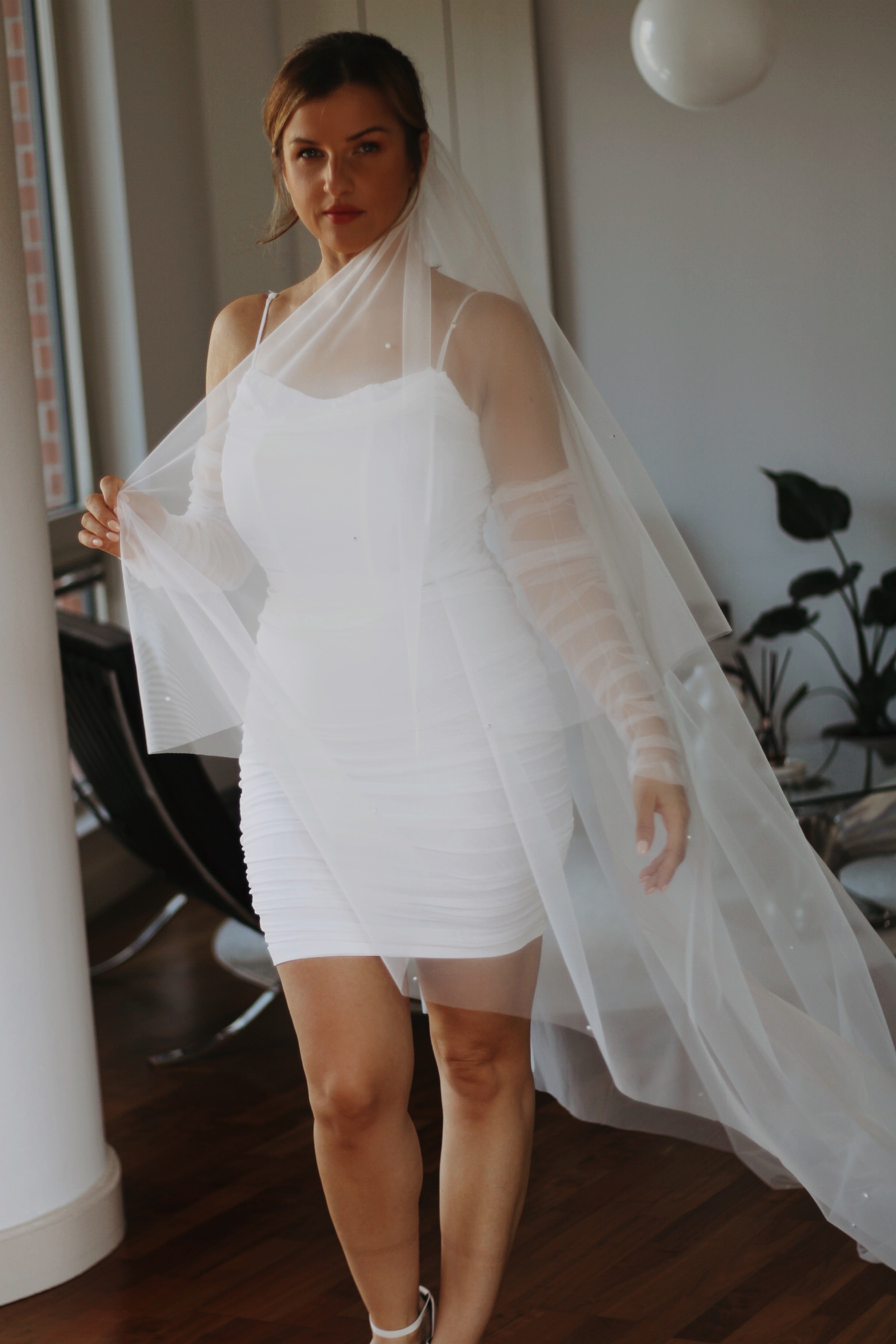 Pearl Tulle Drop Wedding Veil - Velo Bianco