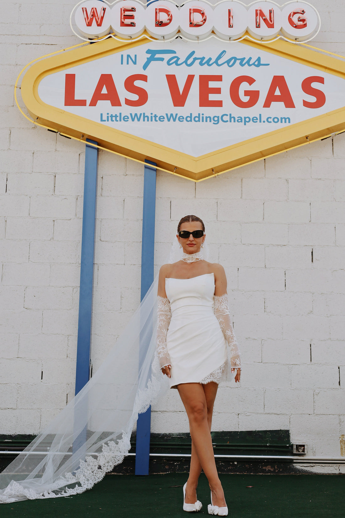 Aleksandra - Crepe Mini Bridal Dress with Detachable Lace Sleeves & Choker