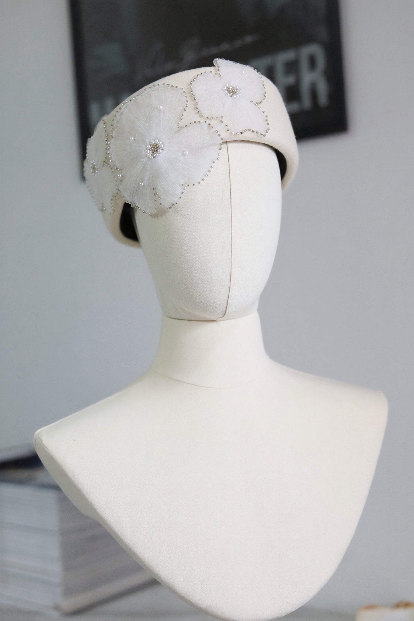 Pillbox Hat with Pearl and Lace Embellishments