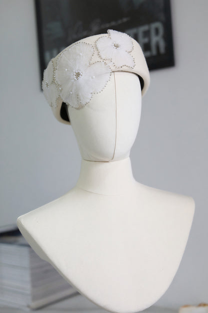 Pillbox Hat with Pearl and Lace Embellishments