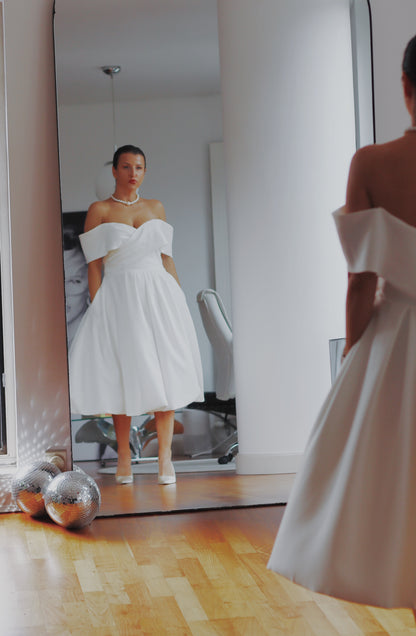 Karolina ~ Elegant Off-the-Shoulder Midi Wedding Dress