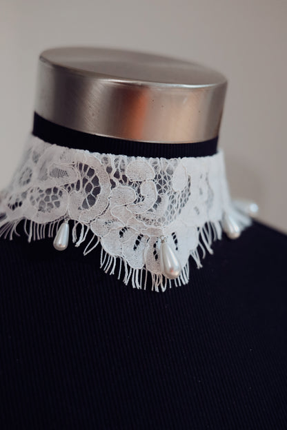 Lace Bridal Choker with Drop Pearls