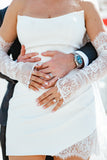 Aleksandra - Crepe Mini Bridal Dress with Detachable Lace Sleeves & Choker