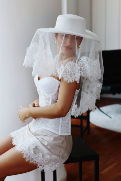 White Bridal Hat with Lace Veil