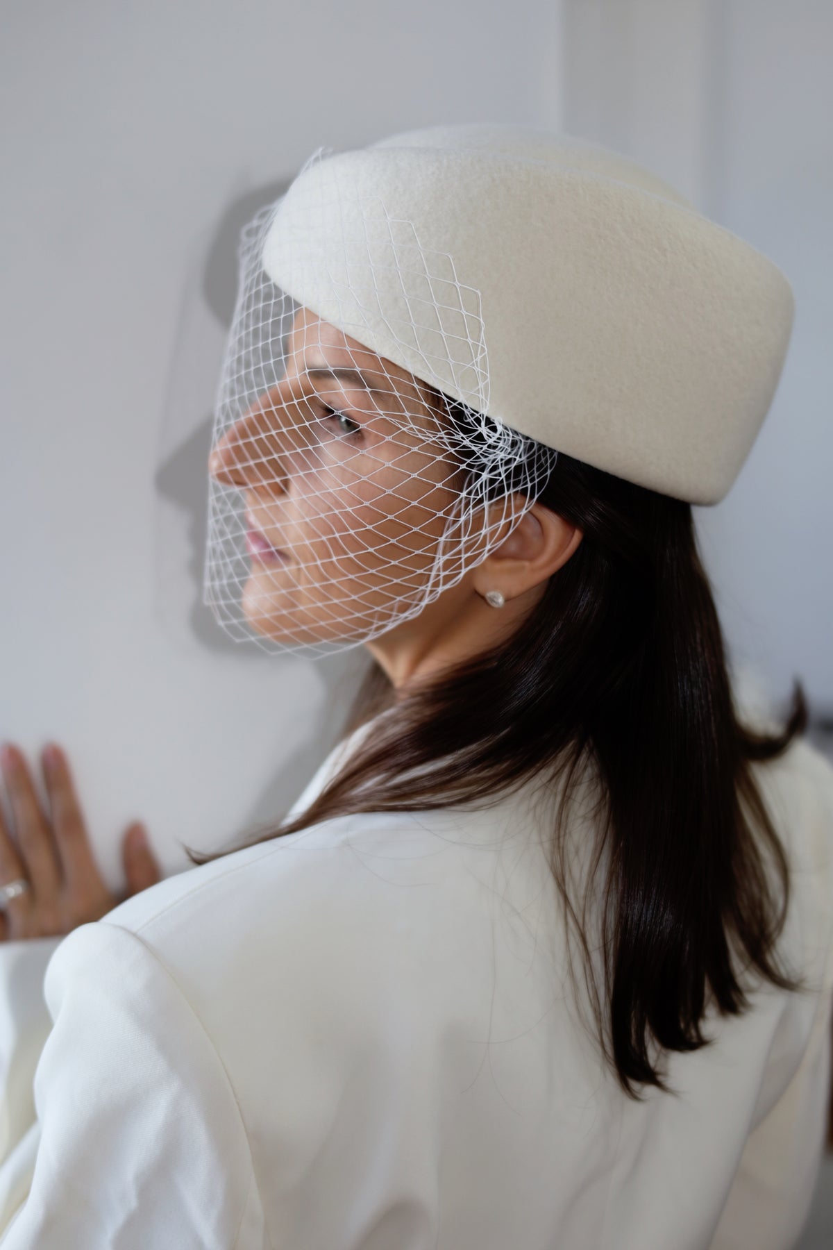 Bridal Pillbox Hat with Birdcage Veil