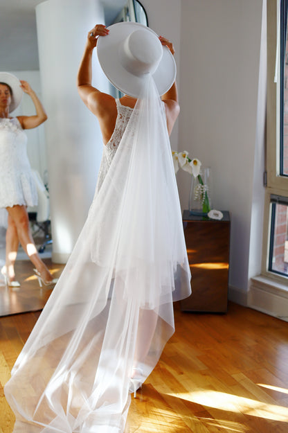 White Bridal Hat with Long Tulle Veil