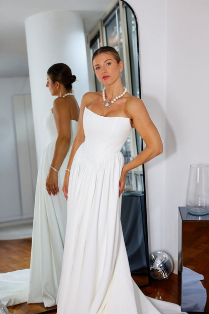 Hope Basque Waist Crepe Wedding Dress with Detachable Straps