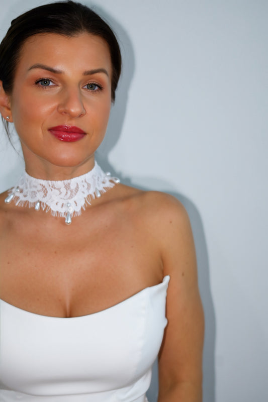 Lace Bridal Choker with Drop Pearls