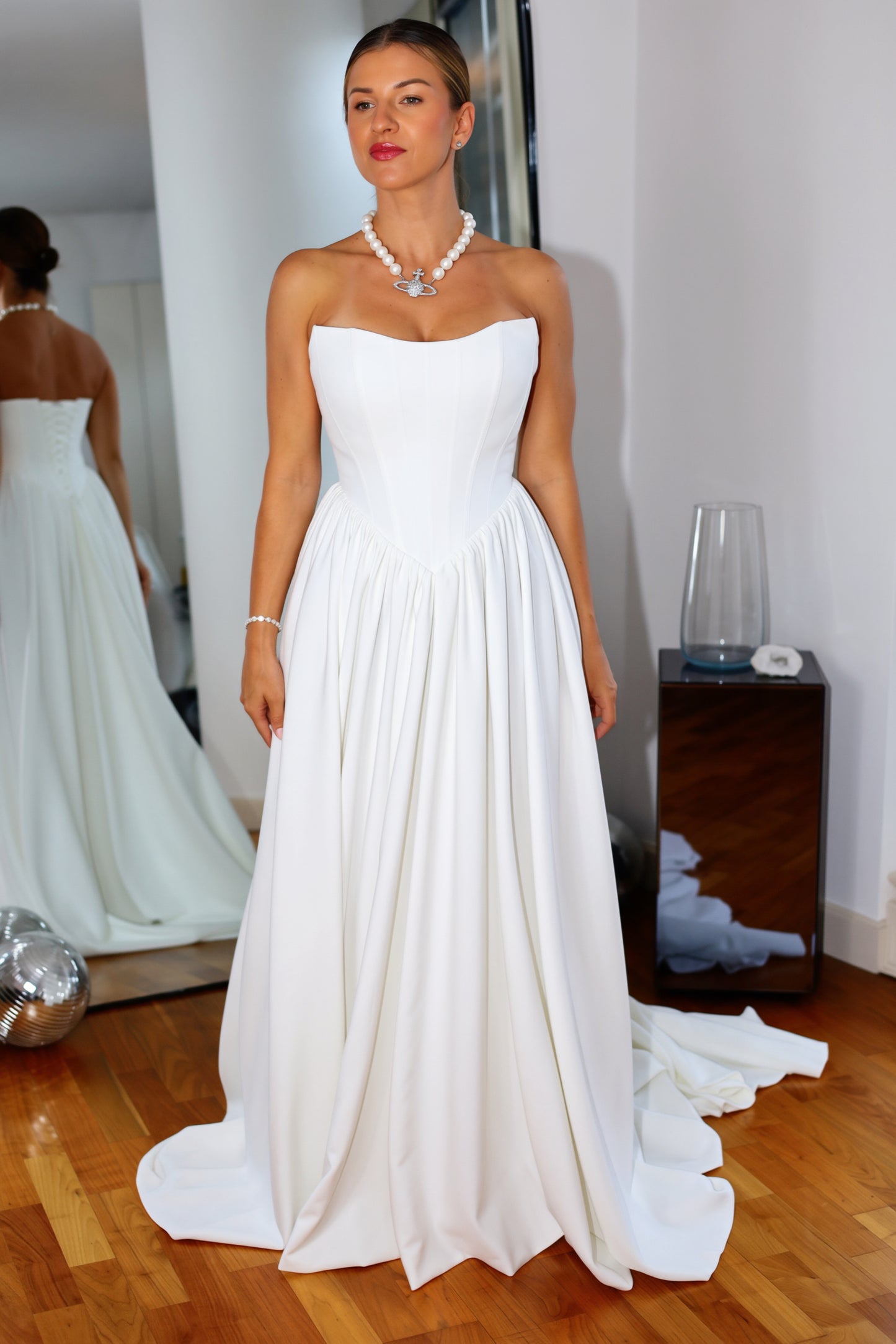 Hope Basque Waist Crepe Wedding Dress with Detachable Straps