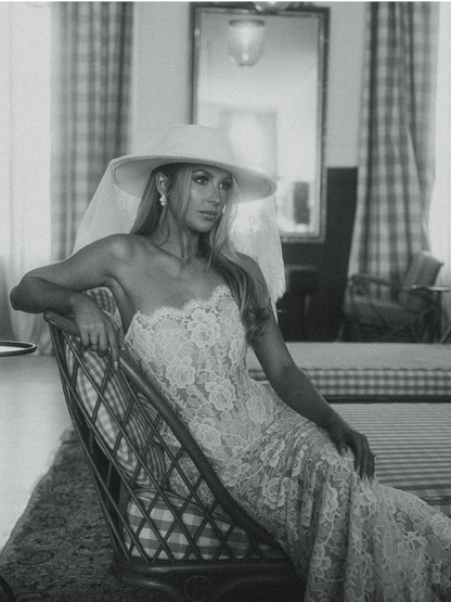 White Bridal Hat with Lace Veil
