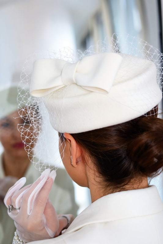 Bow Bridal Pillbox Hat with Birdcage Veil