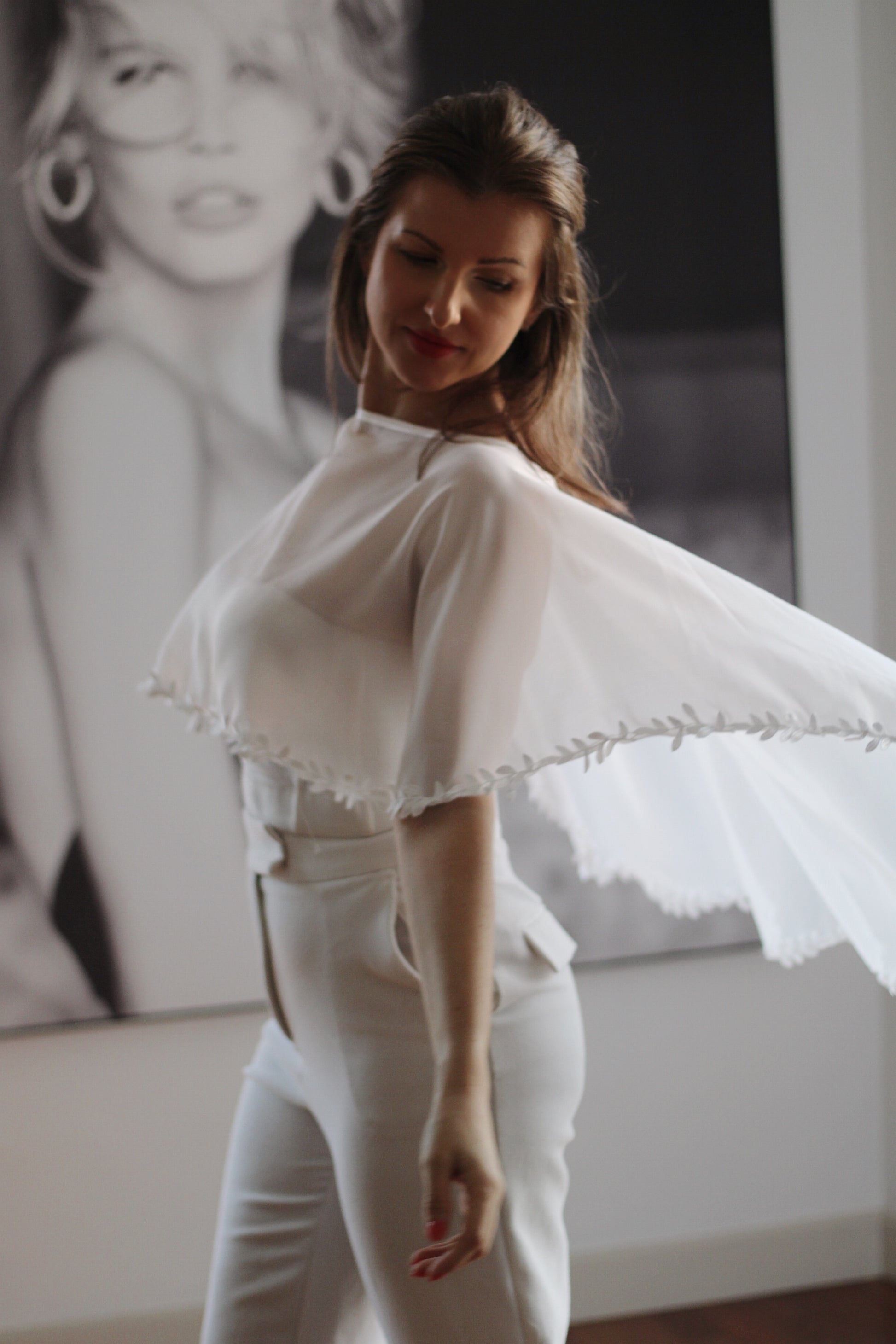 Floral Chiffon Wedding Cape - Velo Bianco