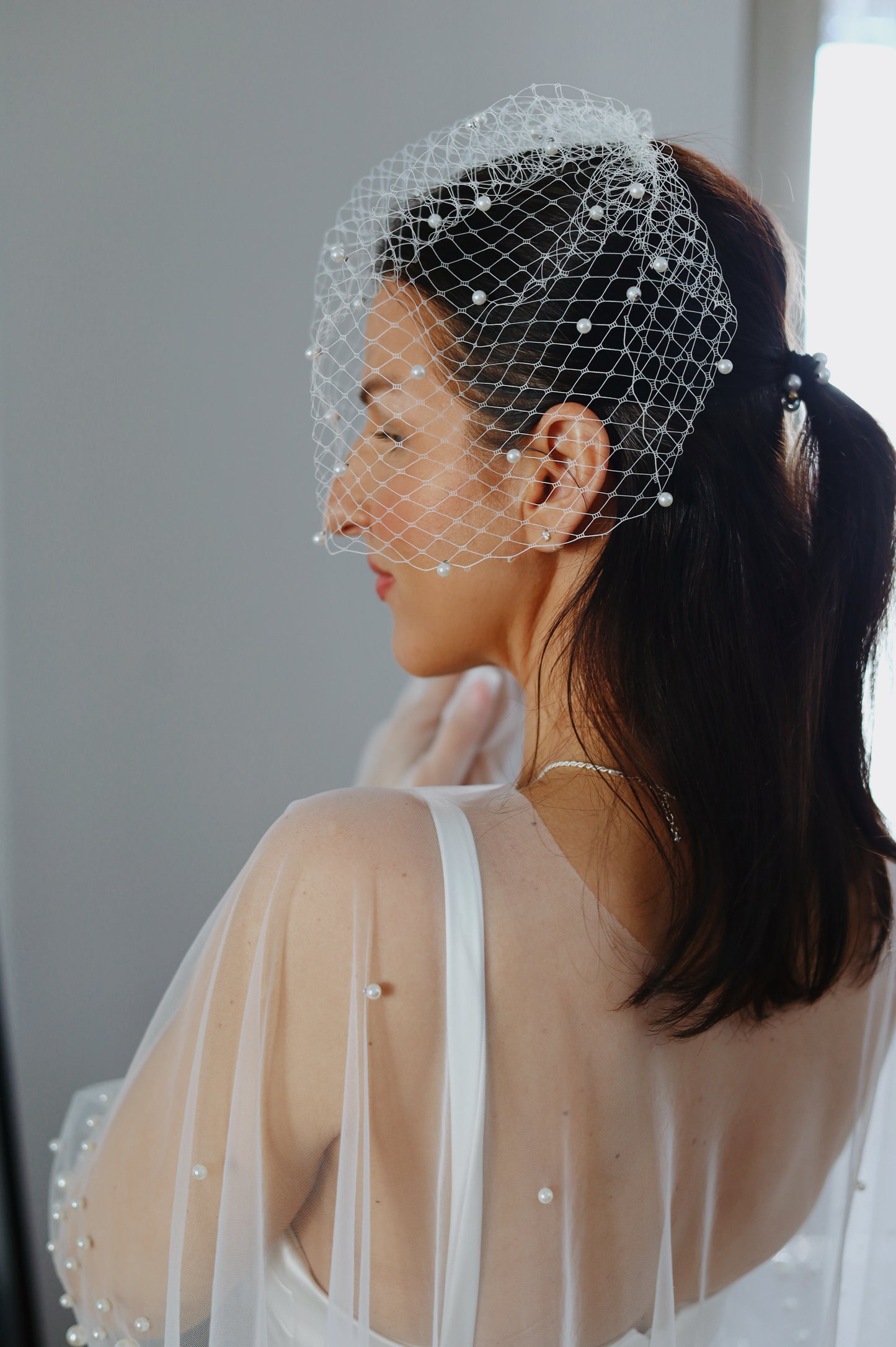 Large Birdcage Bridal Veil with Pearls