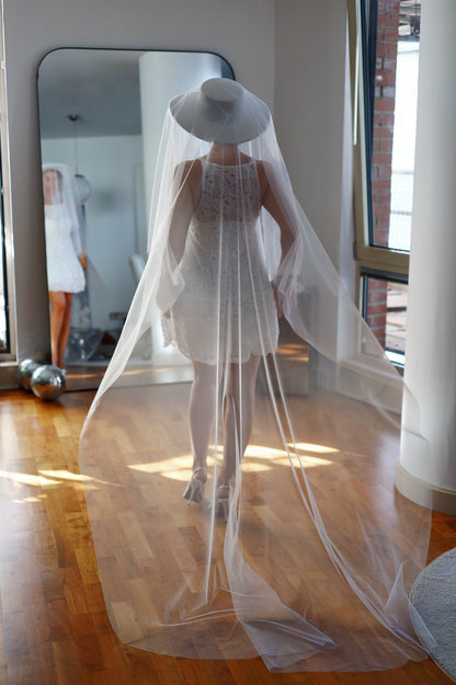 White Bridal Hat with Long Tulle Veil