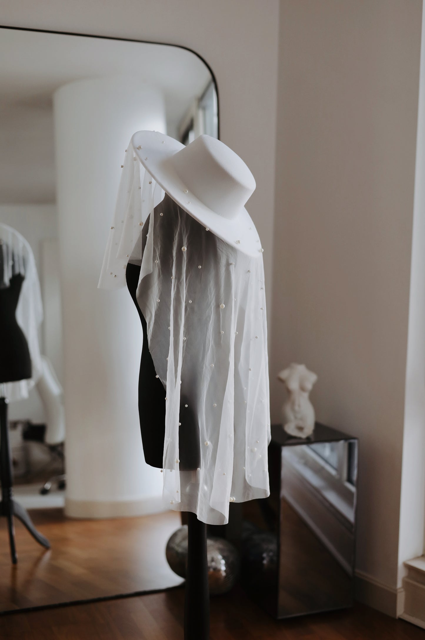 White Bridal Hat with Pearl Veil