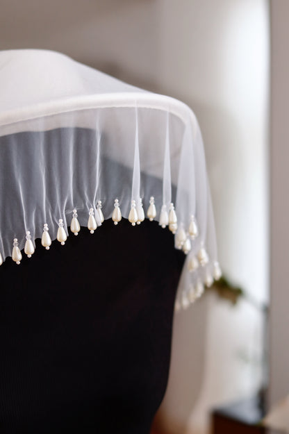 White Bridal Hat with Pearl Drop Veil