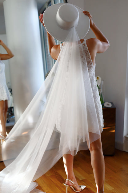 White Bridal Hat with Long Tulle Veil