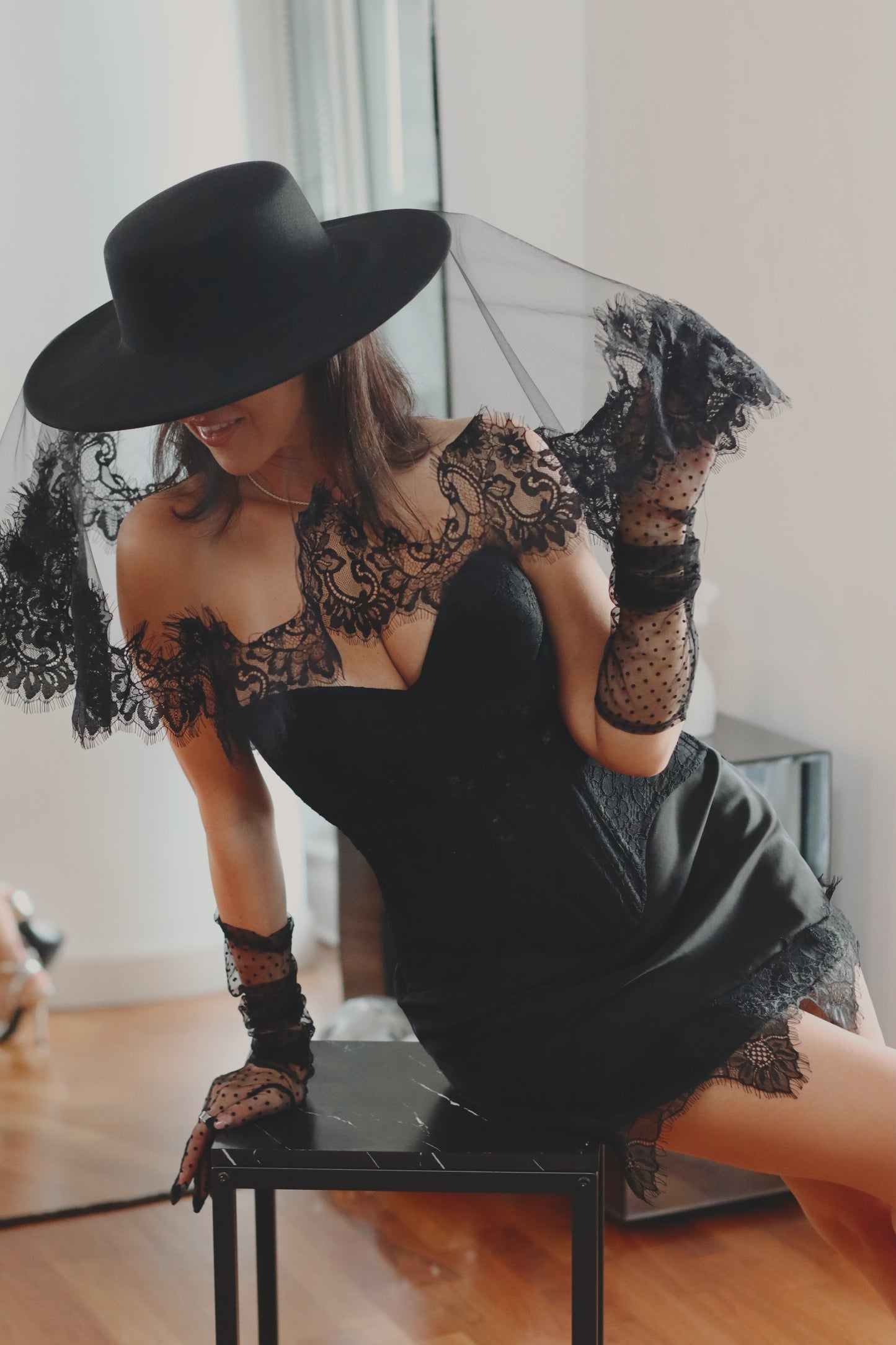 Black Bridal Hat with Lace Veil