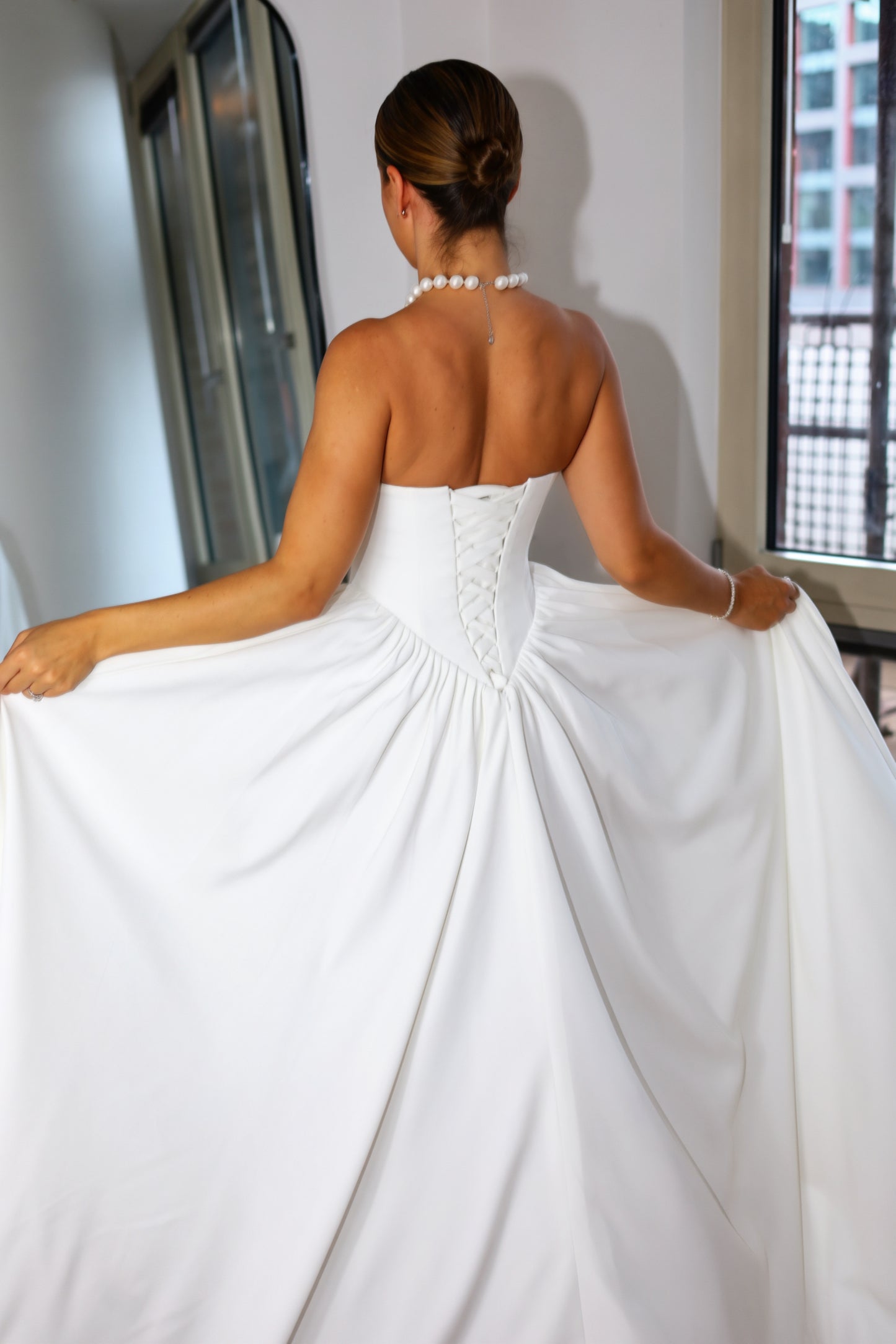 Hope Basque Waist Crepe Wedding Dress with Detachable Straps