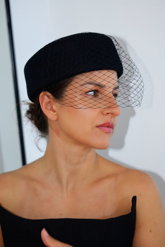 Black Pillbox Hat with Birdcage Veil