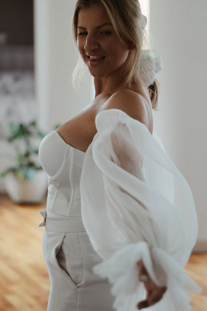White Tulle Wedding Sleeves - Velo Bianco