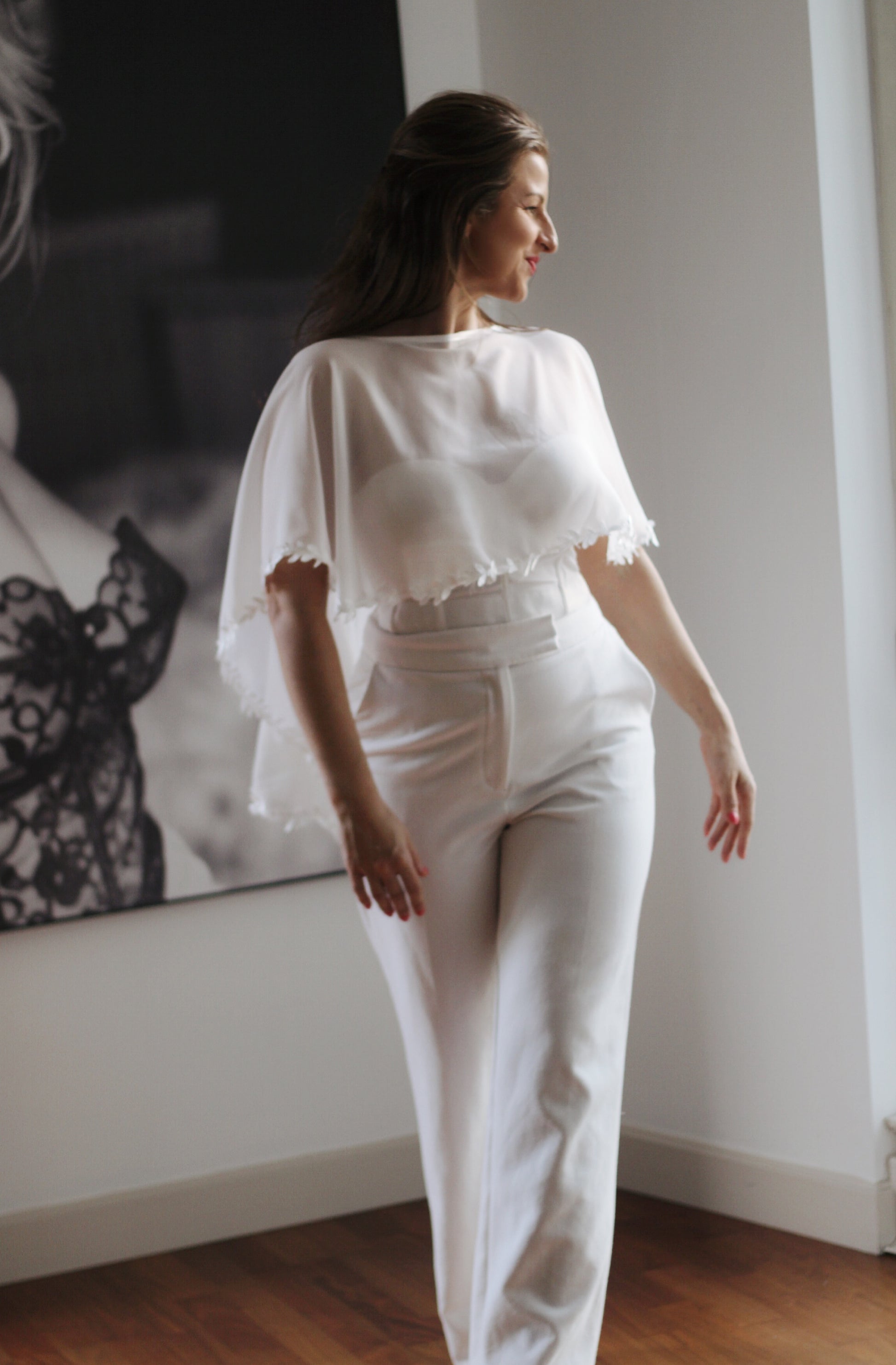 Floral Chiffon Wedding Cape - Velo Bianco