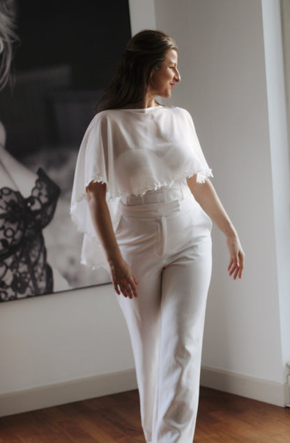 Floral Chiffon Wedding Cape - Velo Bianco