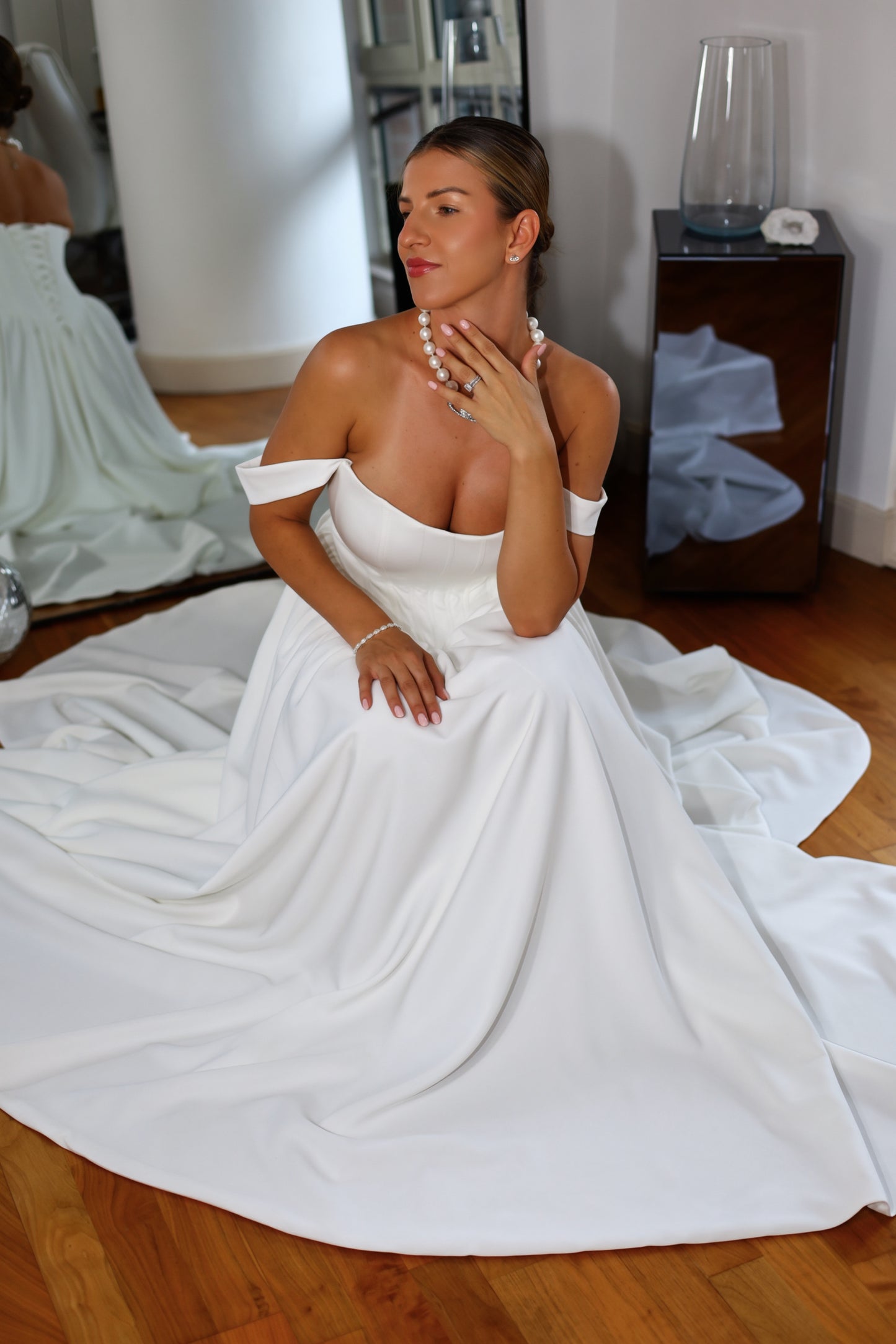 Hope Basque Waist Crepe Wedding Dress with Detachable Straps