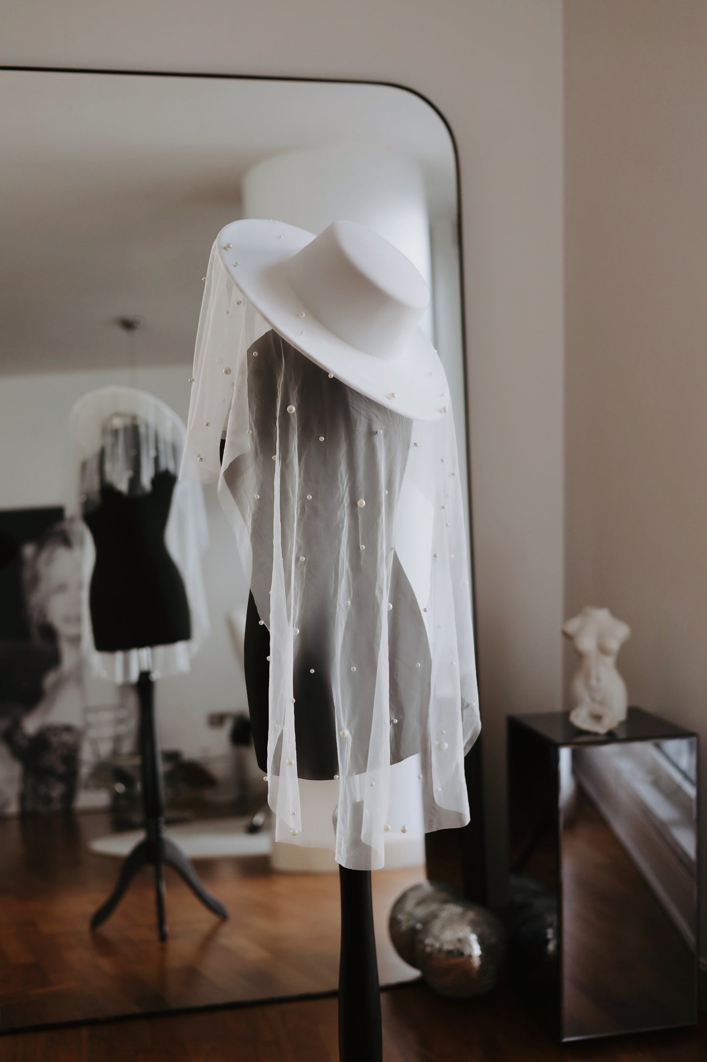White Bridal Hat with Pearl Veil