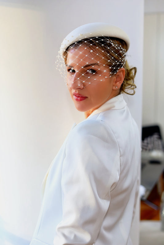 Bridal Pillbox Hat with Birdcage Pearl Veil