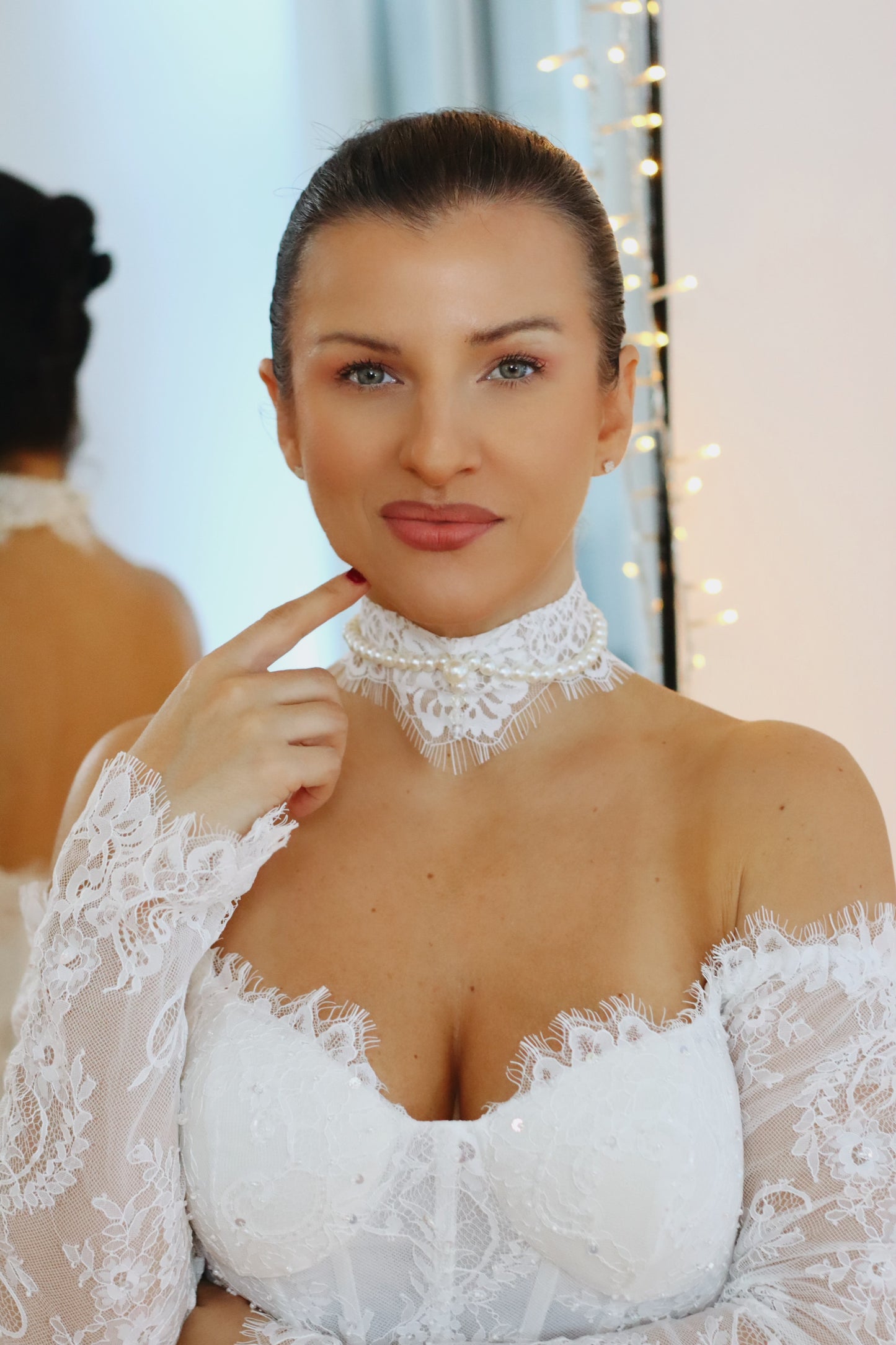 lace wedding choker with pearls and lace wedding dress. 