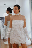 Audrey ~ Vintage-Inspired White Beaded Mini Dress with Sheer Neckline