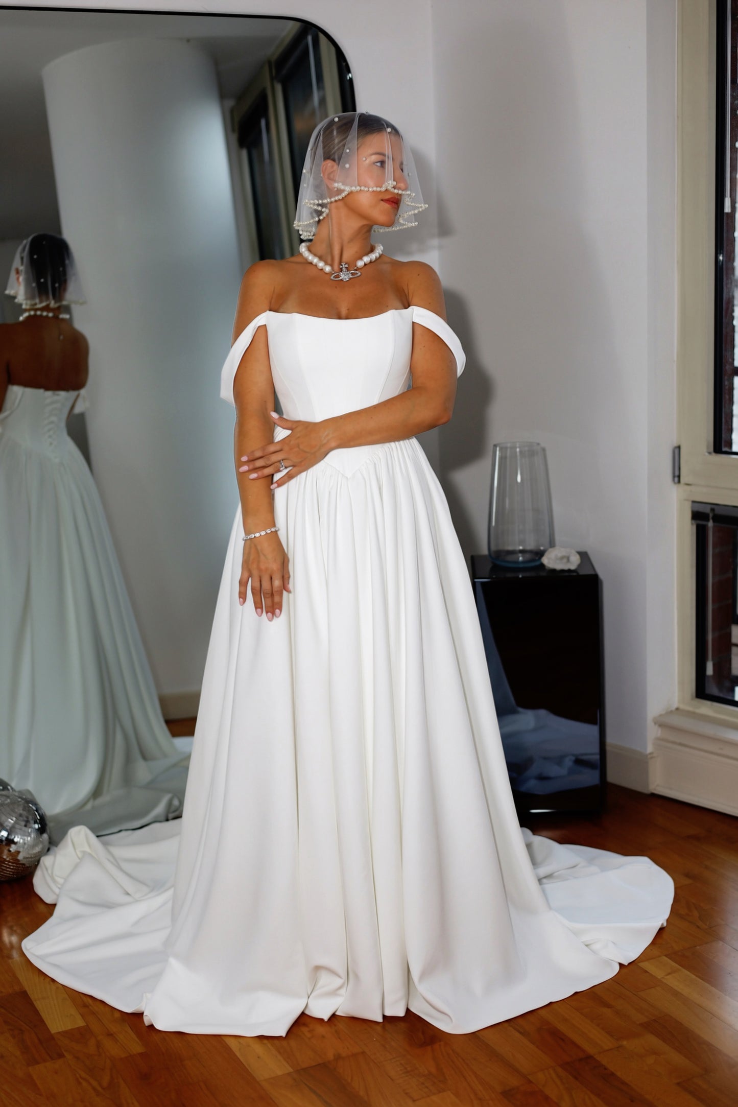 Hope Basque Waist Crepe Wedding Dress with Detachable Straps