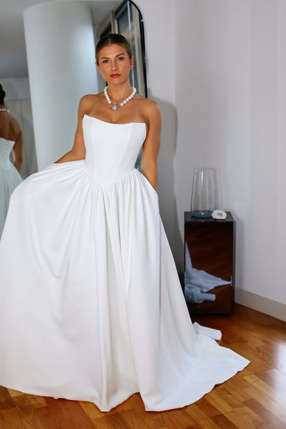Hope Basque Waist Crepe Wedding Dress with Detachable Straps