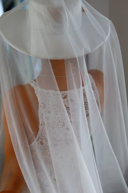 White Bridal Hat with Long Tulle Veil